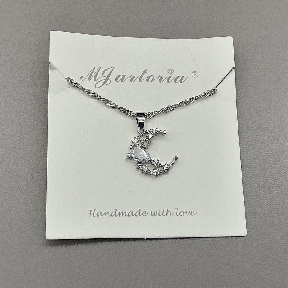 MJartoria Necklace Silver Tone Moon Star White Stone Pendant Jewelry Womens